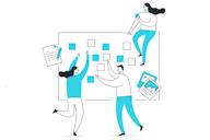 Illustration of three people collaborating on a planning board with documents and images around them.